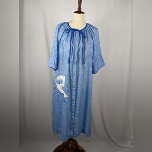 Models Coat Blue White Gingham Plaid House Coat House Dress Owl Bird Applique